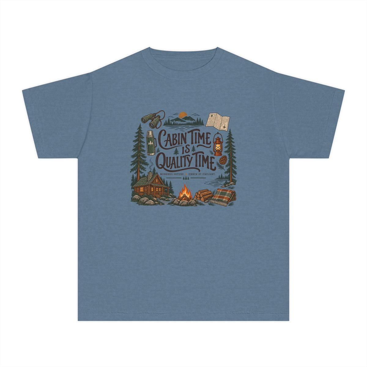 Cabin Time Is Quality Time Youth Tee – Kids' Comfort Colors Lake Vacation Shirt in Blue Jean – flat lay