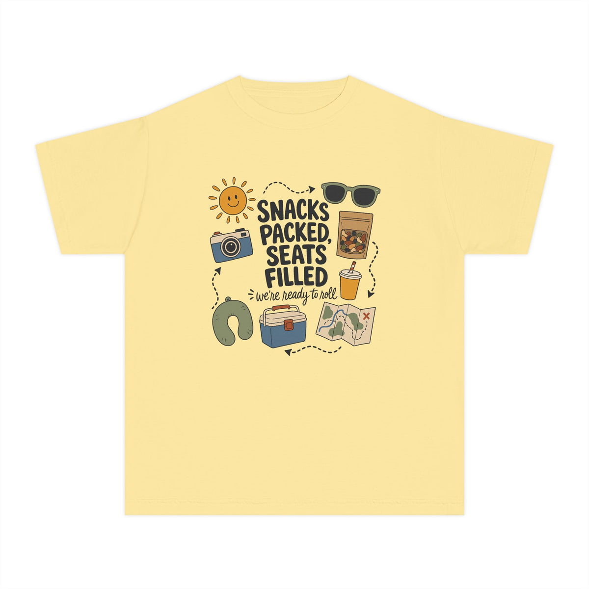 Snacks Packed Seats Filled Youth Tee – Kids' Comfort Colors Road Trip Shirt in Butter – flat lay