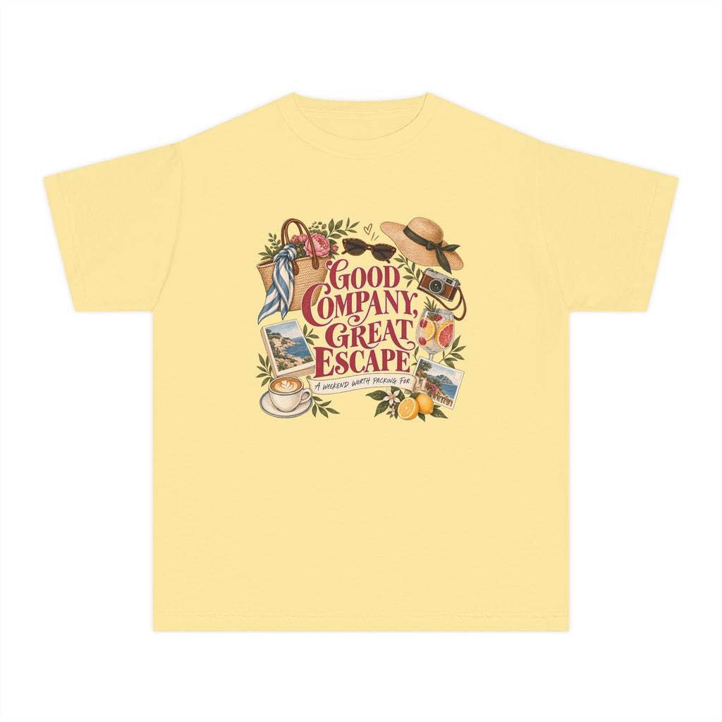 Good Company Great Escape Youth Tee – Kids' Comfort Colors Family Travel Shirt in Butter – flat lay