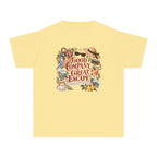 Good Company Great Escape Youth Tee – Kids' Comfort Colors Family Travel Shirt in Butter – flat lay