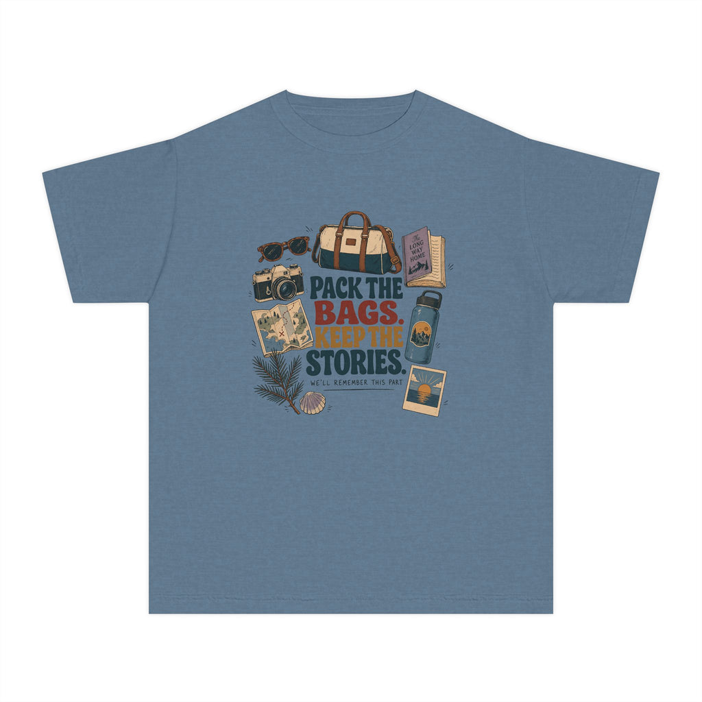 Pack the Bags Keep the Stories Youth Tee – Kids' Comfort Colors Family Getaway Shirt in Blue Jean – flat lay
