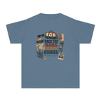 Pack the Bags Keep the Stories Youth Tee – Kids' Comfort Colors Family Getaway Shirt in Blue Jean – flat lay