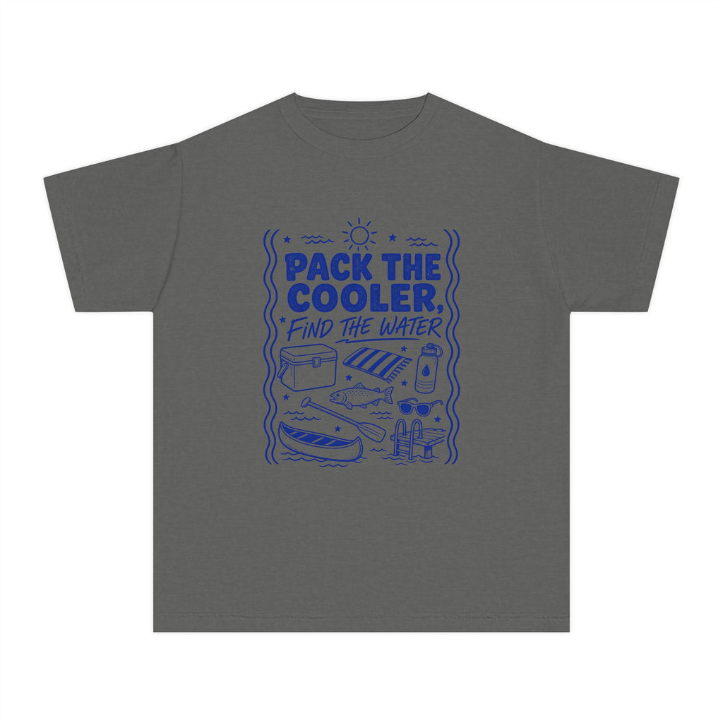Pack the Cooler Find the Water Youth Tee – Kids' Comfort Colors Beach Vacation Shirt in Pepper – flat lay