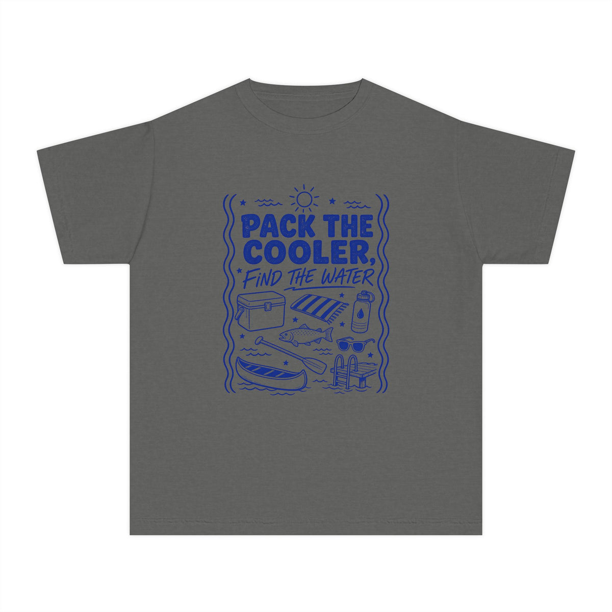 Pack the Cooler Find the Water Youth Tee – Kids' Comfort Colors Beach Vacation Shirt in Pepper – flat lay