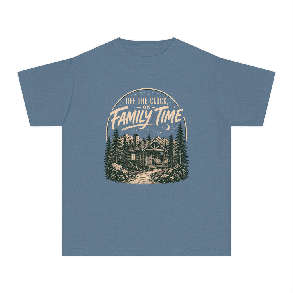 Off the Clock on Family Time Youth Tee – Kids' Comfort Colors Cabin Weekend Shirt in Blue Jean – flat lay