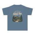 Off the Clock on Family Time Youth Tee – Kids' Comfort Colors Cabin Weekend Shirt in Blue Jean – flat lay