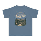 Off the Clock on Family Time Youth Tee – Kids' Comfort Colors Cabin Weekend Shirt in Blue Jean – flat lay