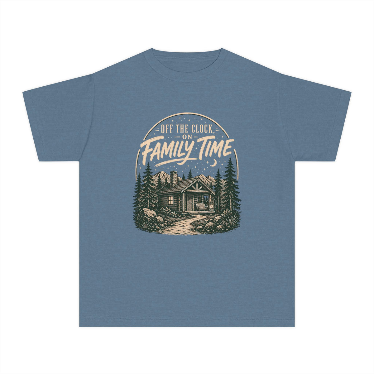 Off the Clock on Family Time Youth Tee – Kids' Comfort Colors Cabin Weekend Shirt in Blue Jean – flat lay