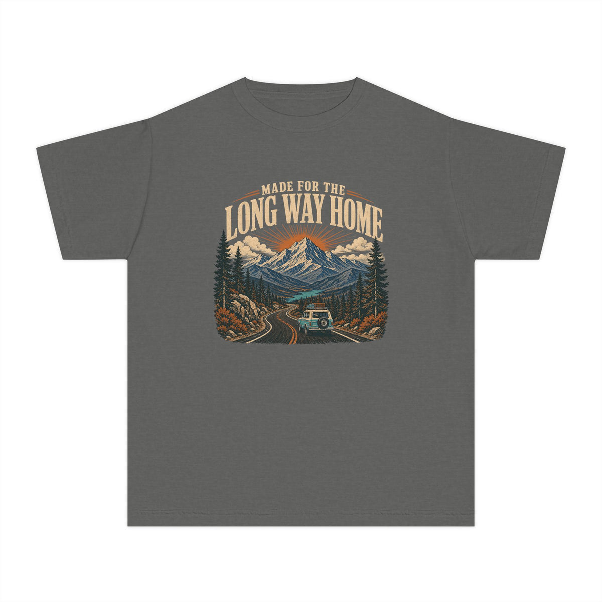 Made for the Long Way Home Youth Tee – Kids' Comfort Colors Scenic Road Trip Shirt in Pepper – flat lay