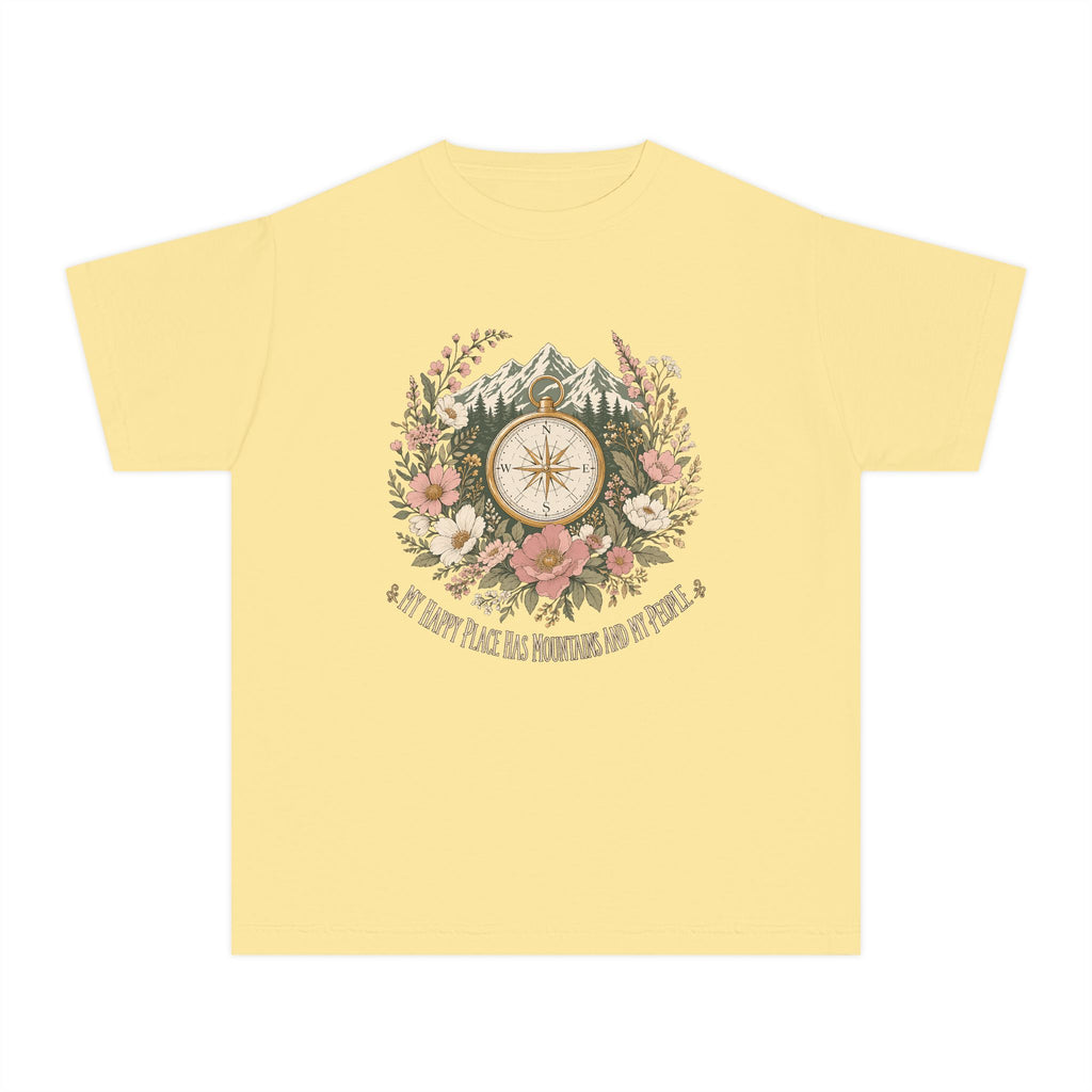 Mountains and My People Youth Tee – Kids' Comfort Colors Mountain Travel Shirt in Butter – flat lay