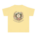 Mountains and My People Youth Tee – Kids' Comfort Colors Mountain Travel Shirt in Butter – flat lay