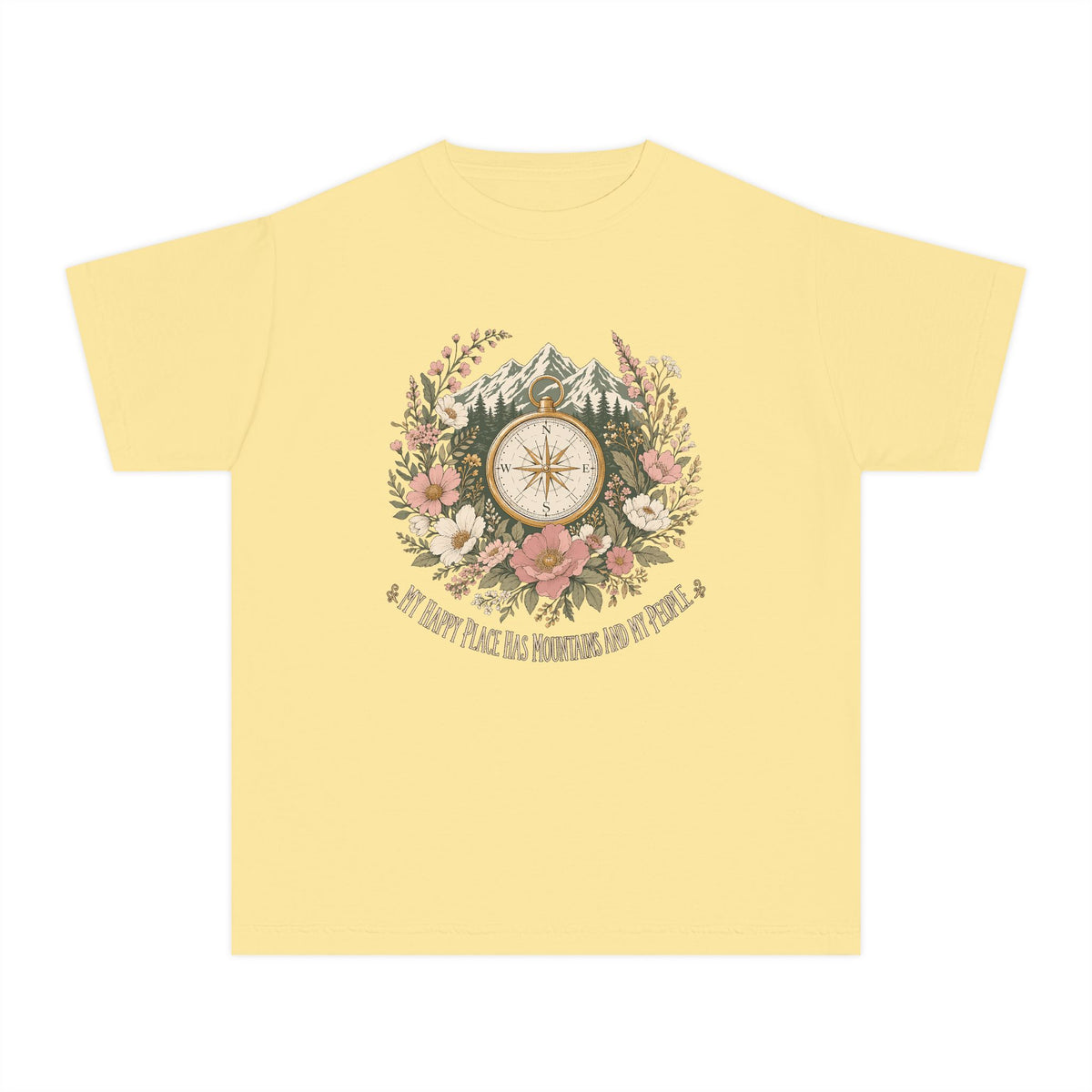 Mountains and My People Youth Tee – Kids' Comfort Colors Mountain Travel Shirt in Butter – flat lay