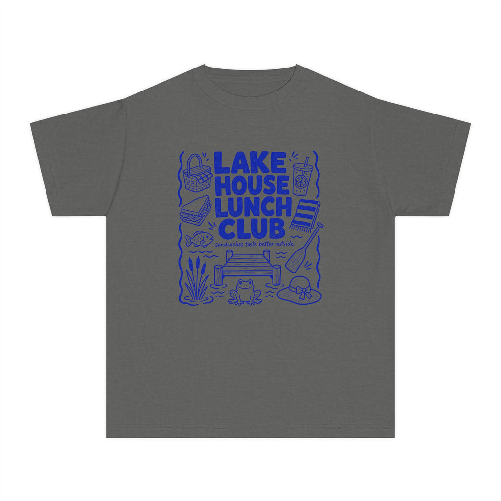 Lake House Lunch Club Youth Tee – Kids' Comfort Colors Lake Vacation Shirt in Pepper – flat lay
