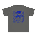 Lake House Lunch Club Youth Tee – Kids' Comfort Colors Lake Vacation Shirt in Pepper – flat lay