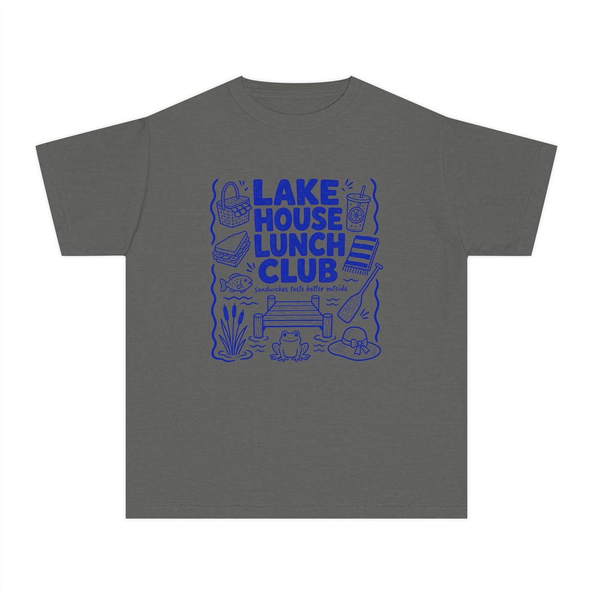 Lake House Lunch Club Youth Tee – Kids' Comfort Colors Lake Vacation Shirt in Pepper – flat lay
