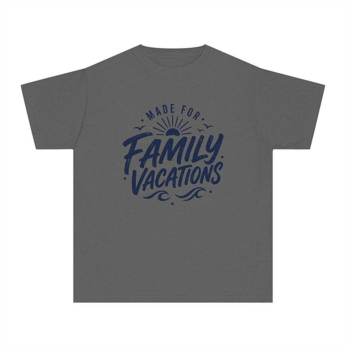Made for Family Vacations Retro Travel Youth Tee – Kids' Comfort Colors Beach Vacation Shirt in Pepper – flat lay