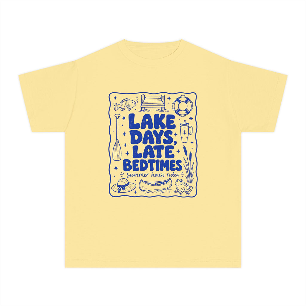 Lake Days Late Bedtimes Youth Tee – Kids' Comfort Colors Lake Vacation Shirt in Butter – flat lay