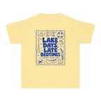 Lake Days Late Bedtimes Youth Tee – Kids' Comfort Colors Lake Vacation Shirt in Butter – flat lay