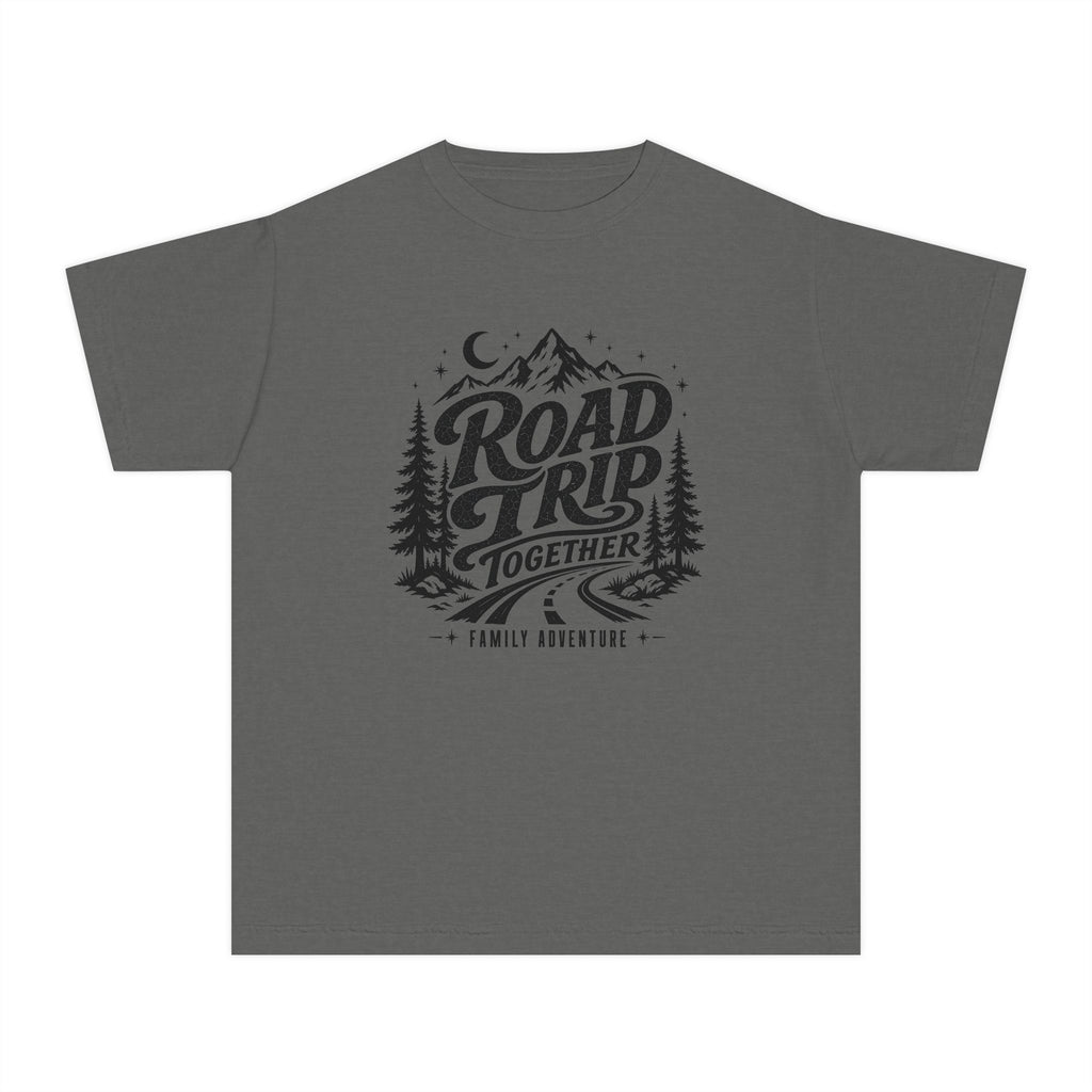 Road Trip Together Family Adventure Youth Tee – Kids' Comfort Colors Road Trip Shirt in Pepper – flat lay