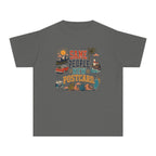Same People New Postcard Youth Tee – Kids' Comfort Colors Road Trip Shirt in Pepper – flat lay