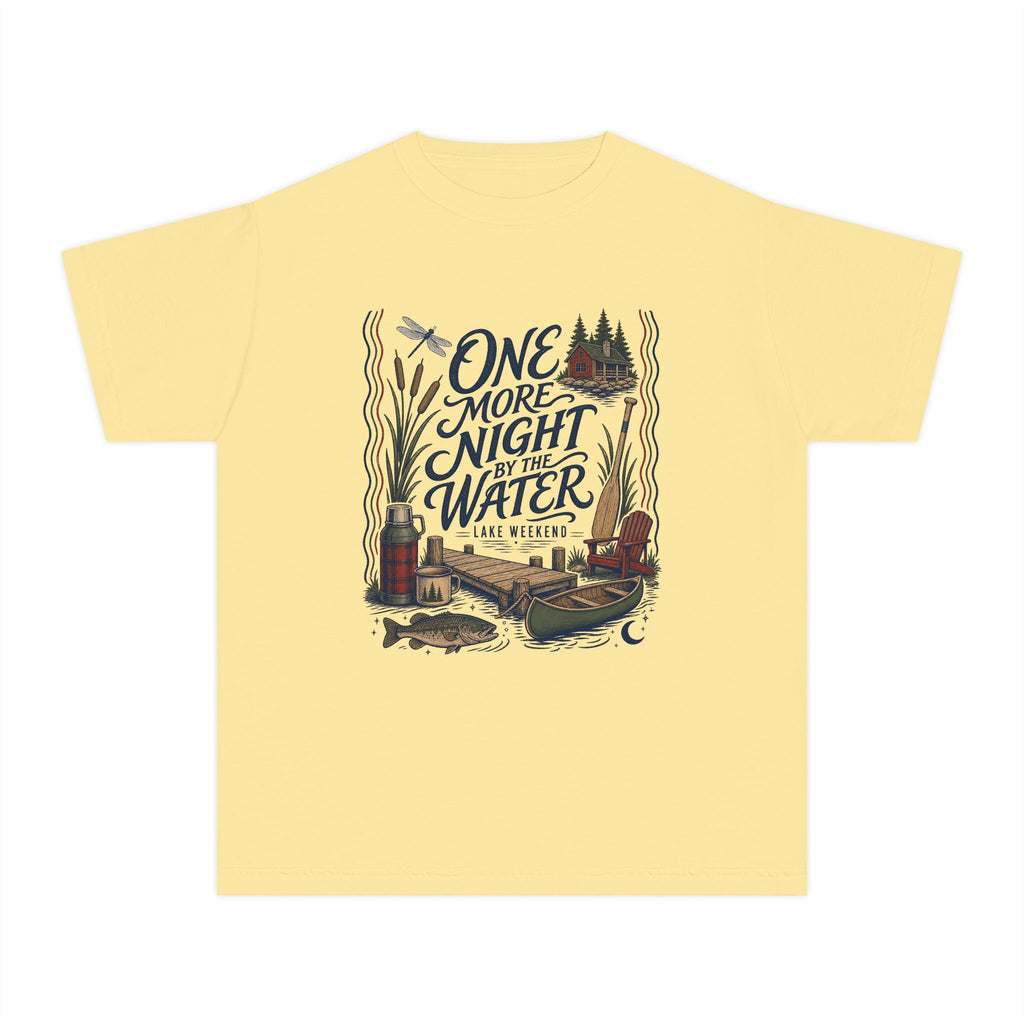 One More Night by the Water Youth Tee – Kids' Comfort Colors Lake Vacation Shirt in Butter – flat lay