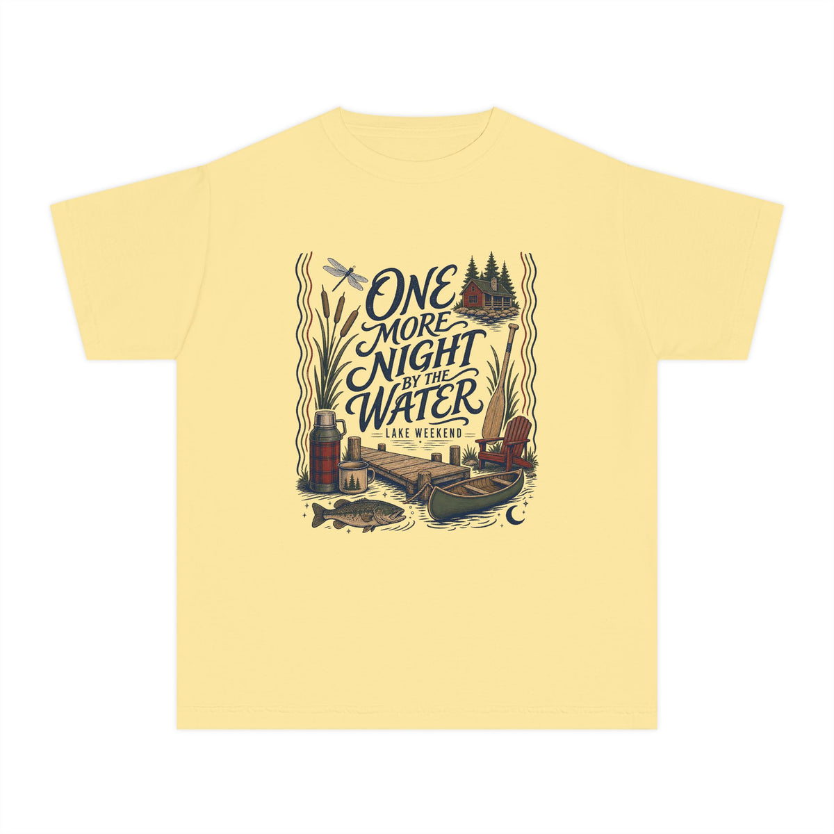 One More Night by the Water Youth Tee – Kids' Comfort Colors Lake Vacation Shirt in Butter – flat lay