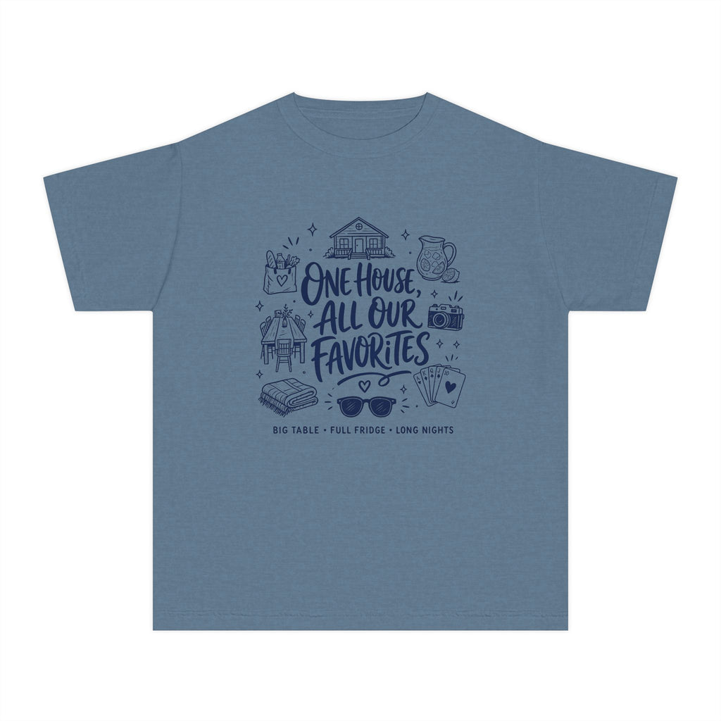 One House All Our Favorites Youth Tee – Kids' Comfort Colors Family Getaway Shirt in Blue Jean – flat lay