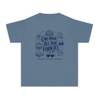 One House All Our Favorites Youth Tee – Kids' Comfort Colors Family Getaway Shirt in Blue Jean – flat lay