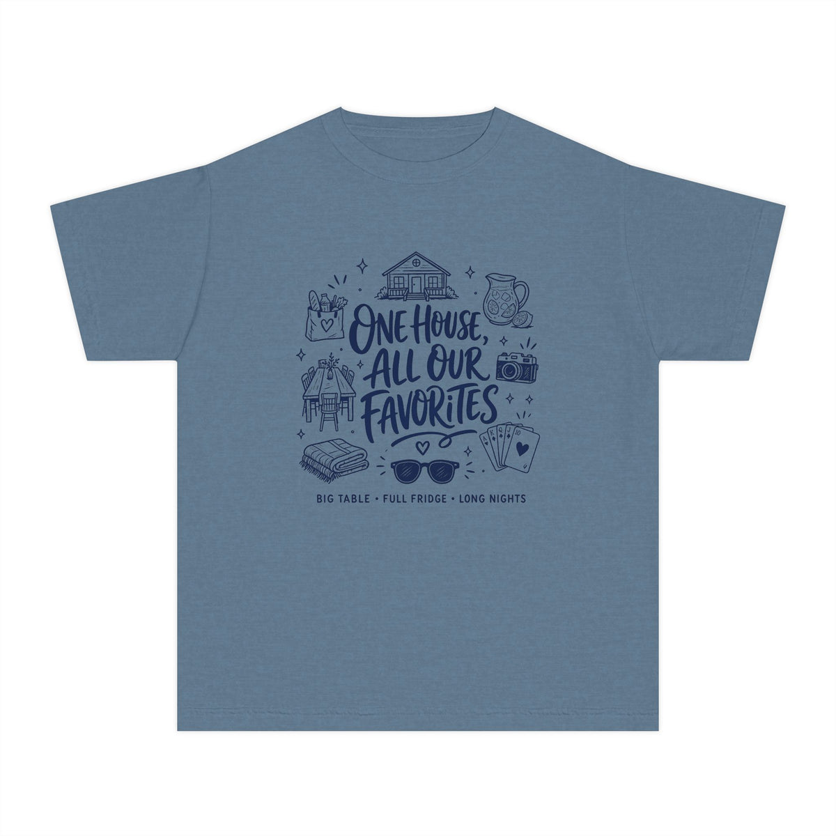 One House All Our Favorites Youth Tee – Kids' Comfort Colors Family Getaway Shirt in Blue Jean – flat lay
