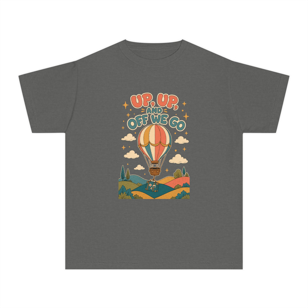 Up Up and Off We Go Youth Tee – Kids' Comfort Colors Hot Air Balloon Shirt in Pepper – flat lay