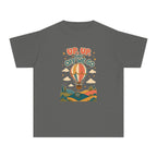 Up Up and Off We Go Youth Tee – Kids' Comfort Colors Hot Air Balloon Shirt in Pepper – flat lay