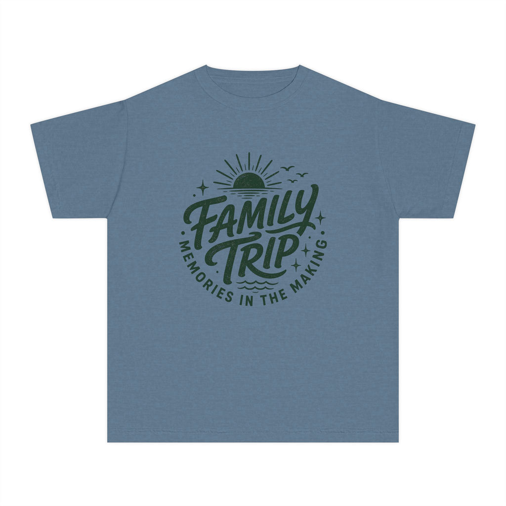 Family Trip Memories in the Making Youth Tee – Kids' Comfort Colors Family Getaway Shirt in Blue Jean – flat lay