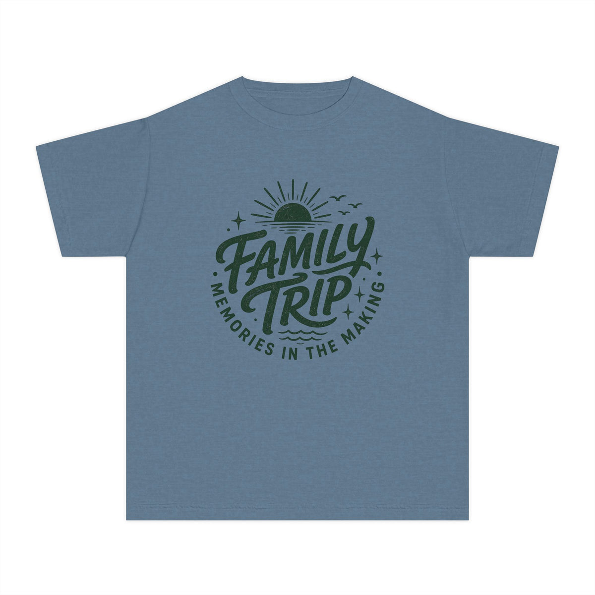 Family Trip Memories in the Making Youth Tee – Kids' Comfort Colors Family Getaway Shirt in Blue Jean – flat lay