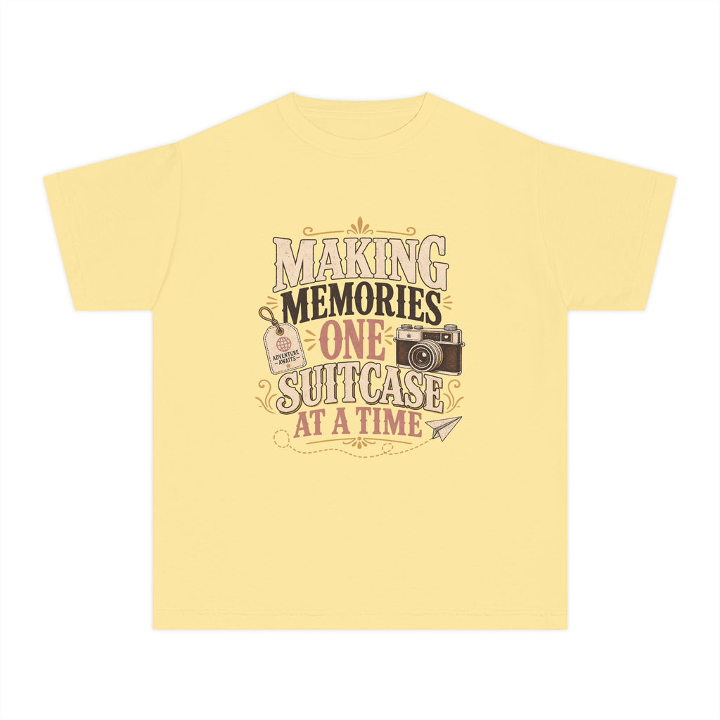 Making Memories One Suitcase at a Time Youth Tee – Kids' Comfort Colors Family Travel Shirt in Butter – flat lay