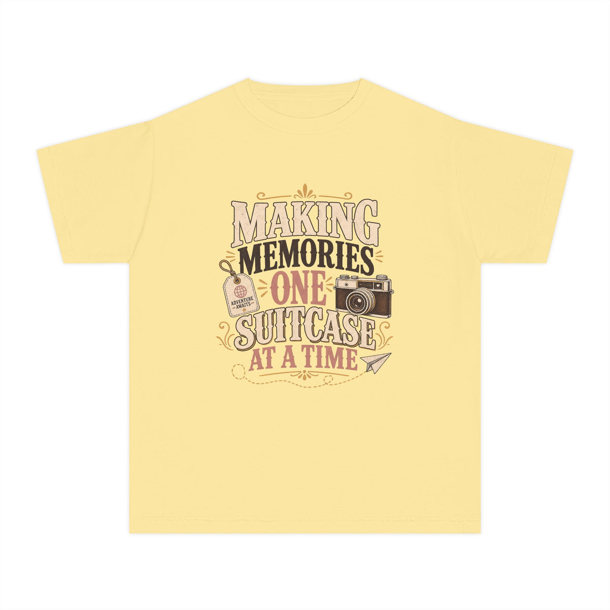 Making Memories One Suitcase at a Time Youth Tee – Kids' Comfort Colors Family Travel Shirt in Butter – flat lay