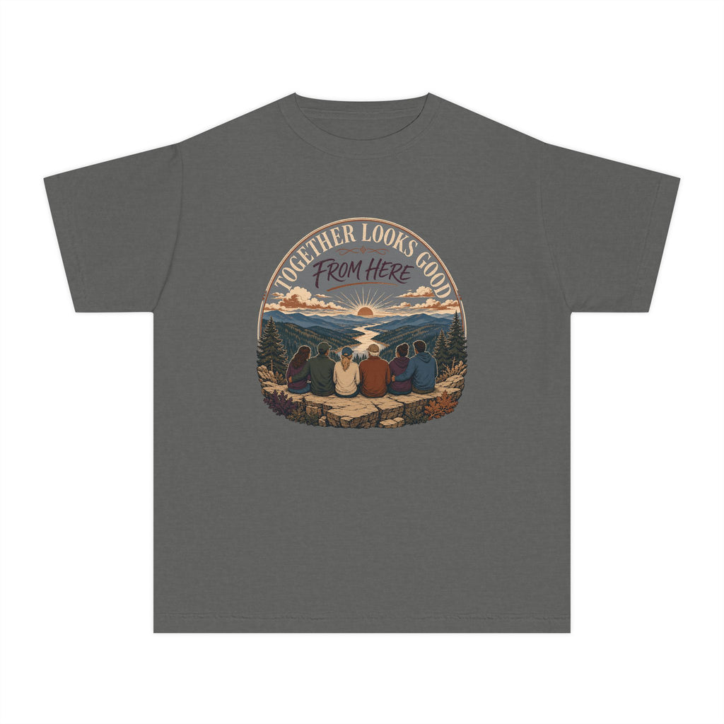 Together Looks Good From Here Youth Tee – Kids' Comfort Colors Scenic Overlook Shirt in Pepper – flat lay