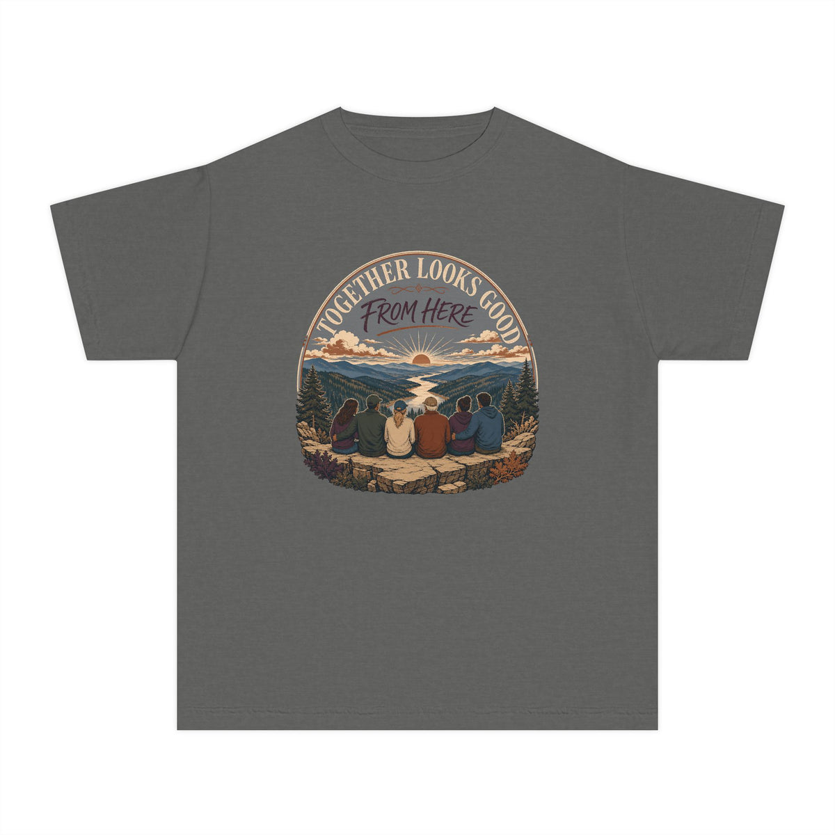 Together Looks Good From Here Youth Tee – Kids' Comfort Colors Scenic Overlook Shirt in Pepper – flat lay