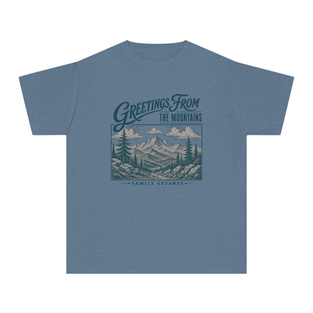 Greetings from the Mountains Family Getaway Youth Tee – Kids' Comfort Colors Cabin Weekend Shirt in Blue Jean – flat lay