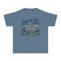 Greetings from the Mountains Family Getaway Youth Tee – Kids' Comfort Colors Cabin Weekend Shirt in Blue Jean – flat lay