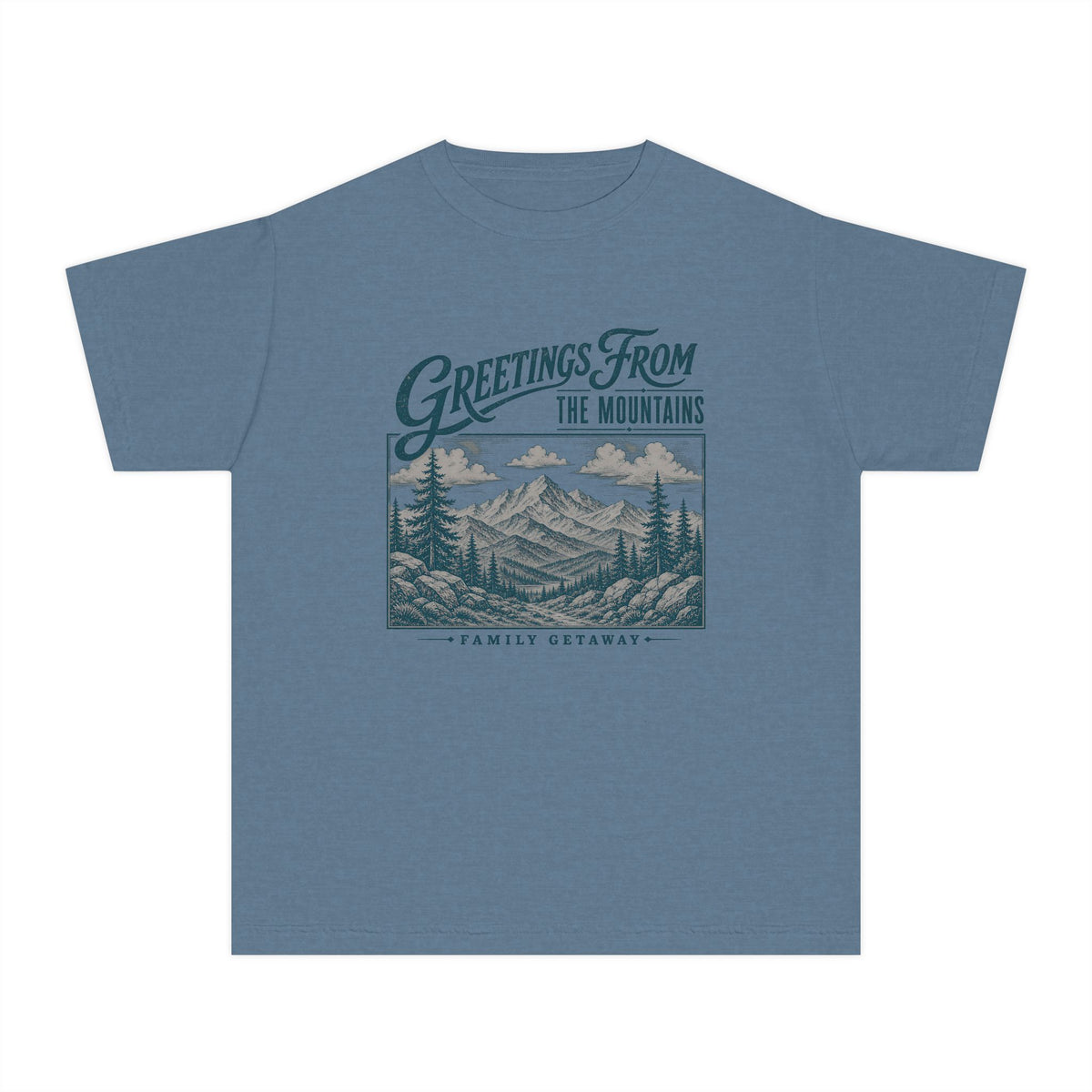 Greetings from the Mountains Family Getaway Youth Tee – Kids' Comfort Colors Cabin Weekend Shirt in Blue Jean – flat lay