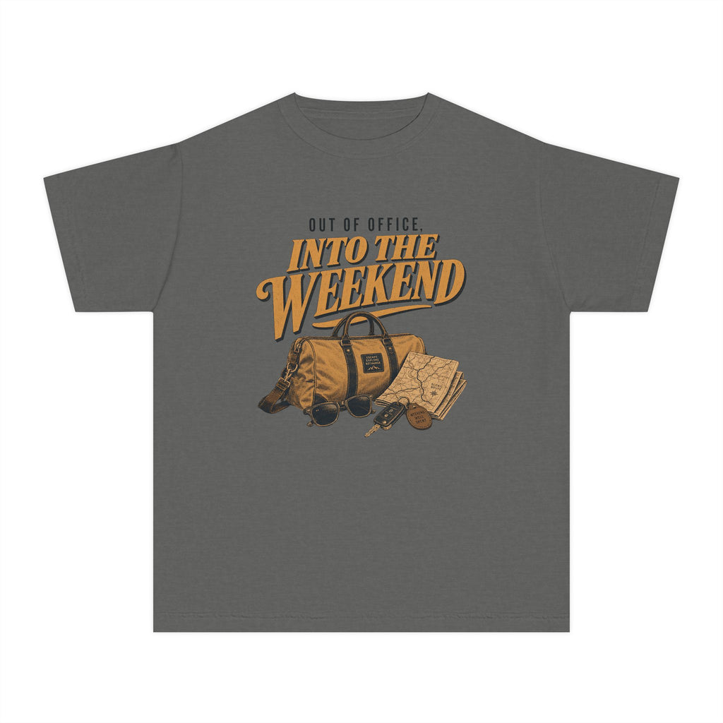 Out of Office Into the Weekend Youth Tee – Kids' Comfort Colors Family Getaway Shirt in Pepper – flat lay