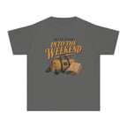 Out of Office Into the Weekend Youth Tee – Kids' Comfort Colors Family Getaway Shirt in Pepper – flat lay