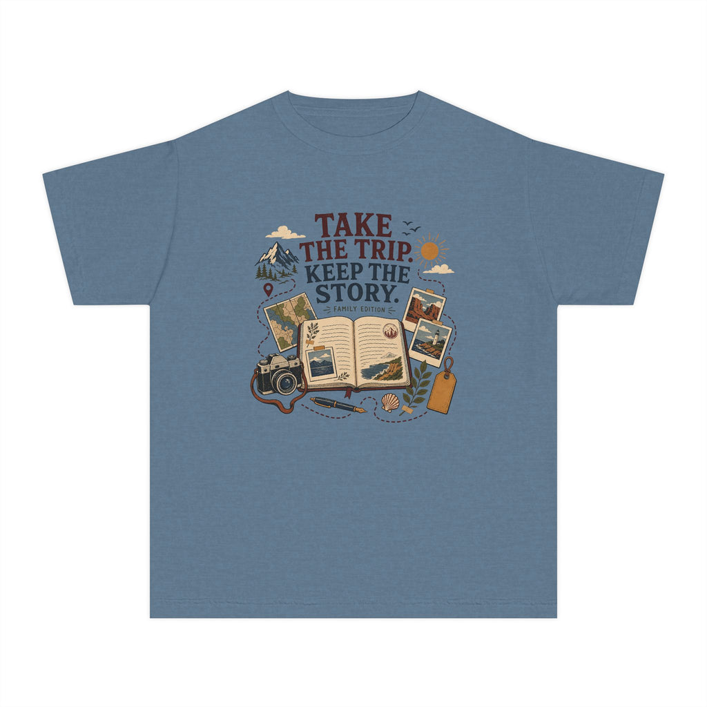 Take the Trip Keep the Story Youth Tee – Kids' Comfort Colors Road Trip Shirt in Blue Jean – flat lay