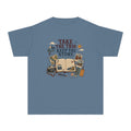 Take the Trip Keep the Story Youth Tee – Kids' Comfort Colors Road Trip Shirt in Blue Jean – flat lay