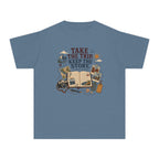 Take the Trip Keep the Story Youth Tee – Kids' Comfort Colors Road Trip Shirt in Blue Jean – flat lay