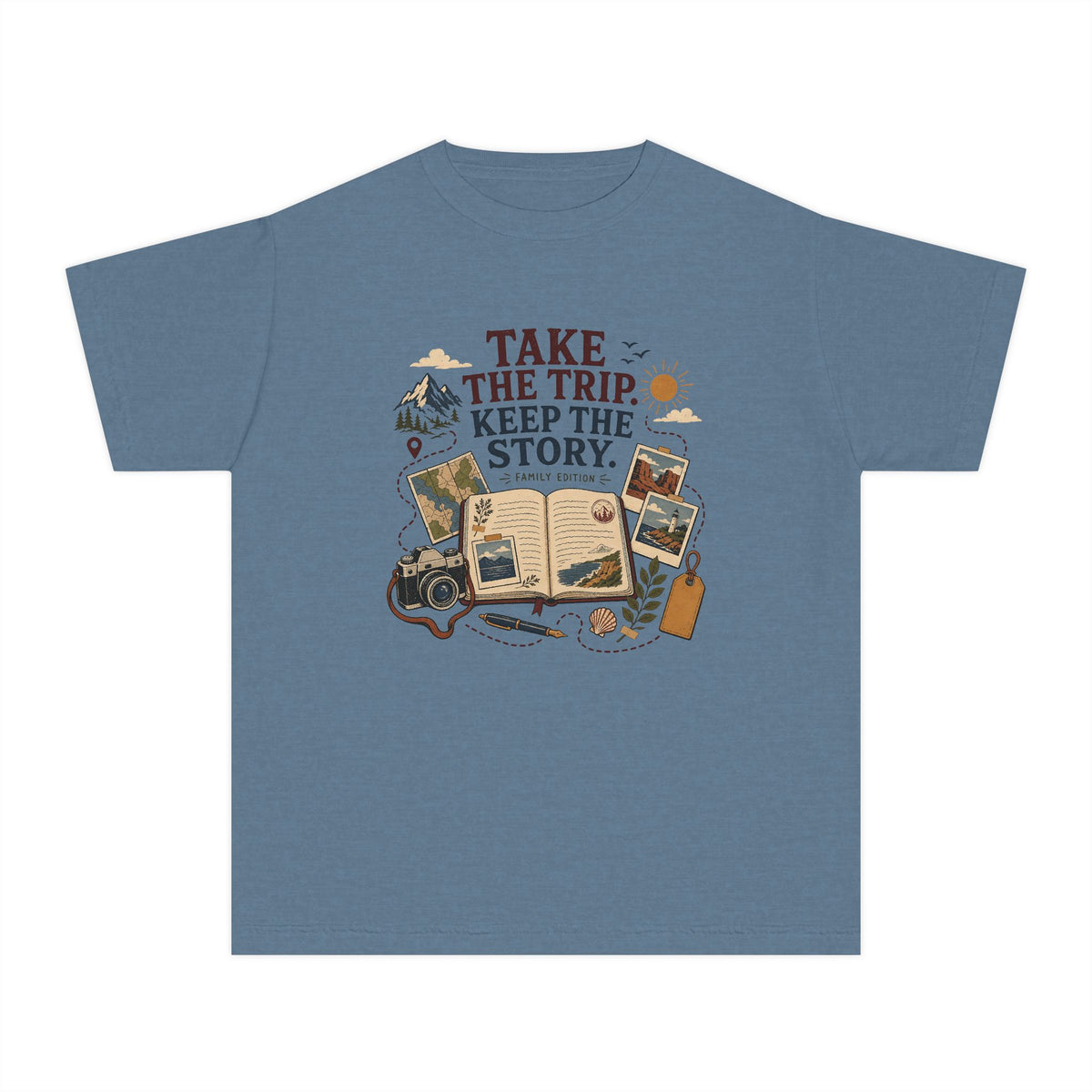 Take the Trip Keep the Story Youth Tee – Kids' Comfort Colors Road Trip Shirt in Blue Jean – flat lay