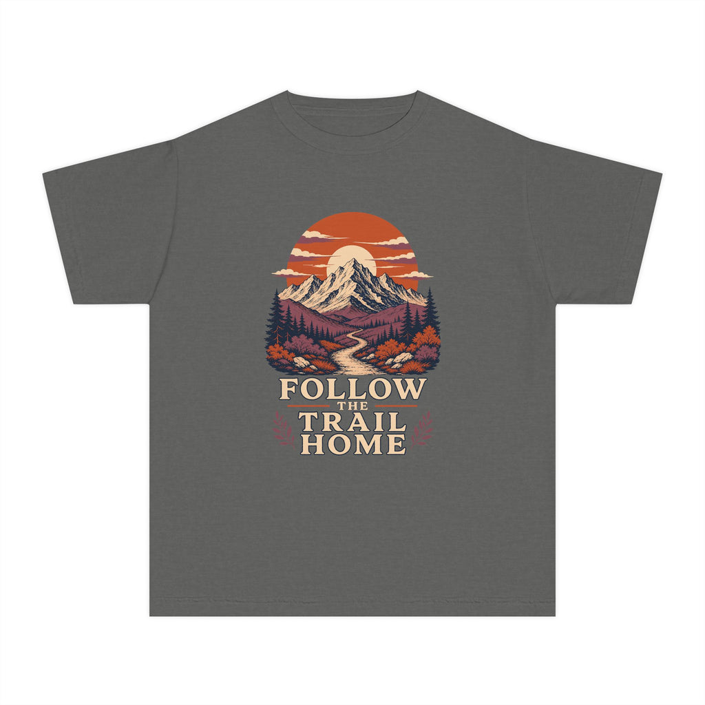 Follow the Trail Home Youth Tee – Kids' Comfort Colors Mountain Adventure Shirt in Pepper – flat lay