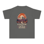 Follow the Trail Home Youth Tee – Kids' Comfort Colors Mountain Adventure Shirt in Pepper – flat lay