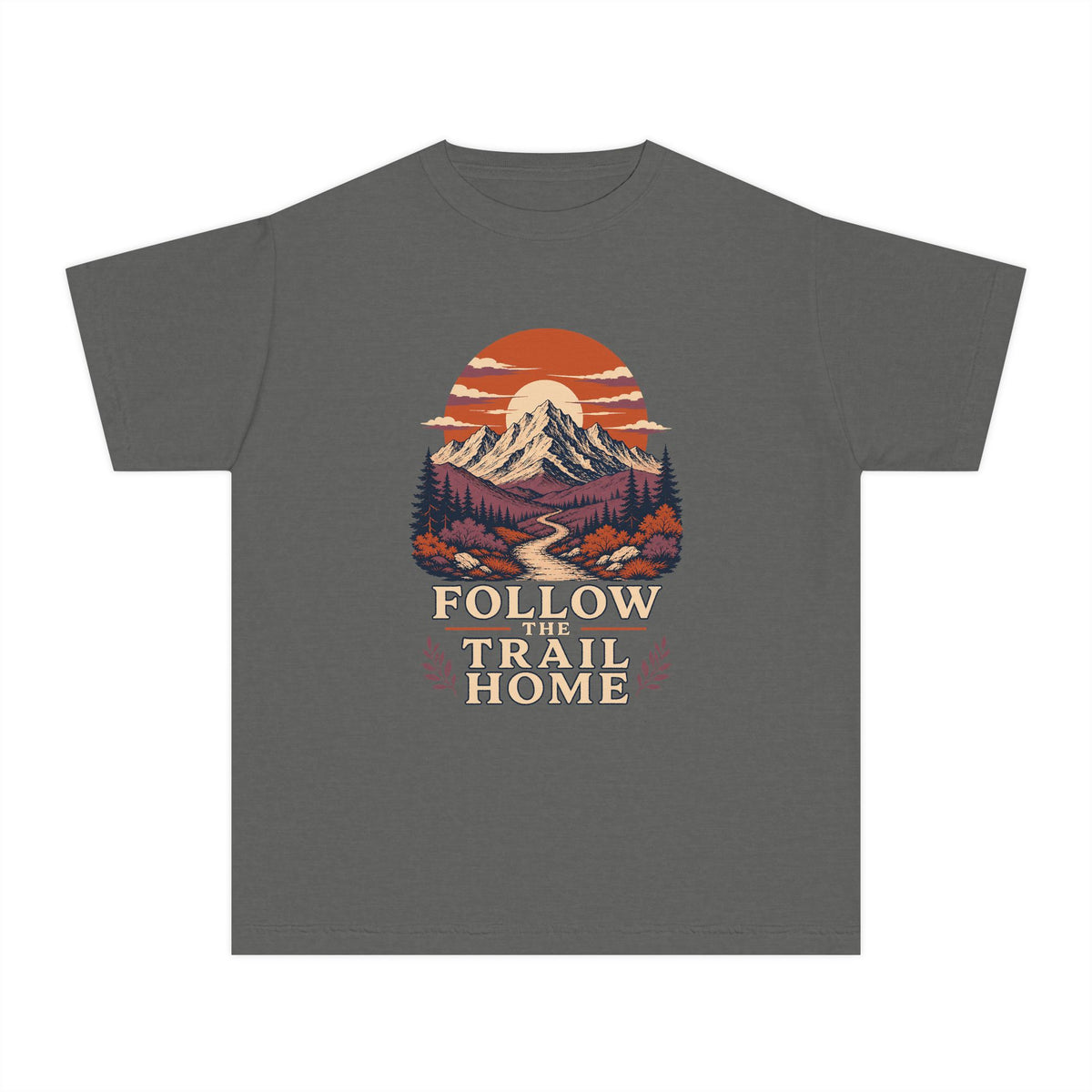 Follow the Trail Home Youth Tee – Kids' Comfort Colors Mountain Adventure Shirt in Pepper – flat lay