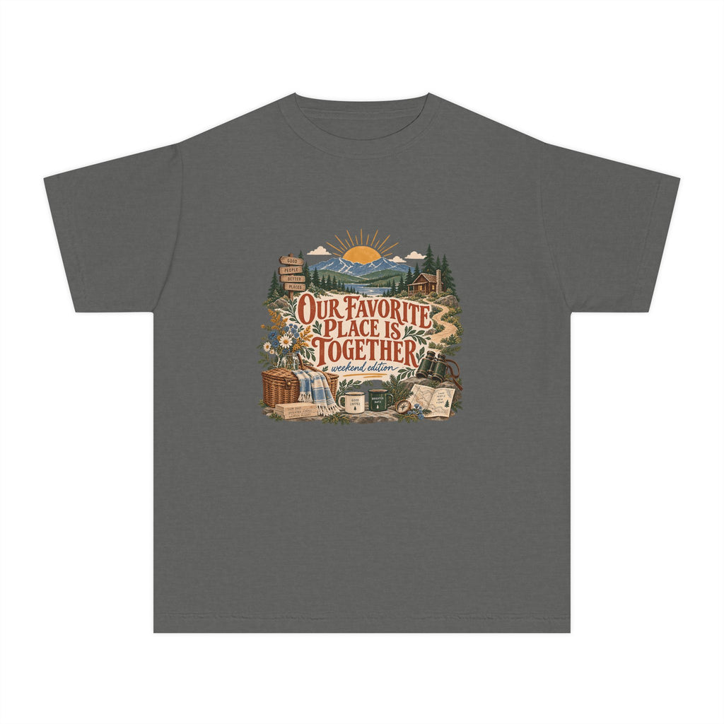 Our Favorite Place Is Together Youth Tee – Kids' Comfort Colors Family Getaway Shirt in Pepper – flat lay